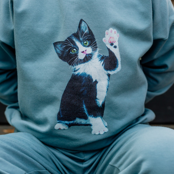 Oversize džemperis kaķa apdruku - zils